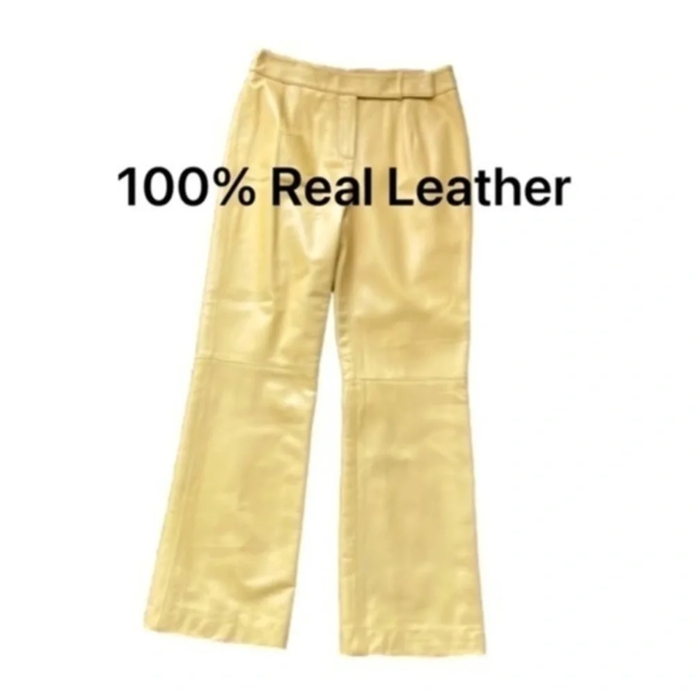 100% Real leather pants mustard golden yellow designer vintage pants high waist